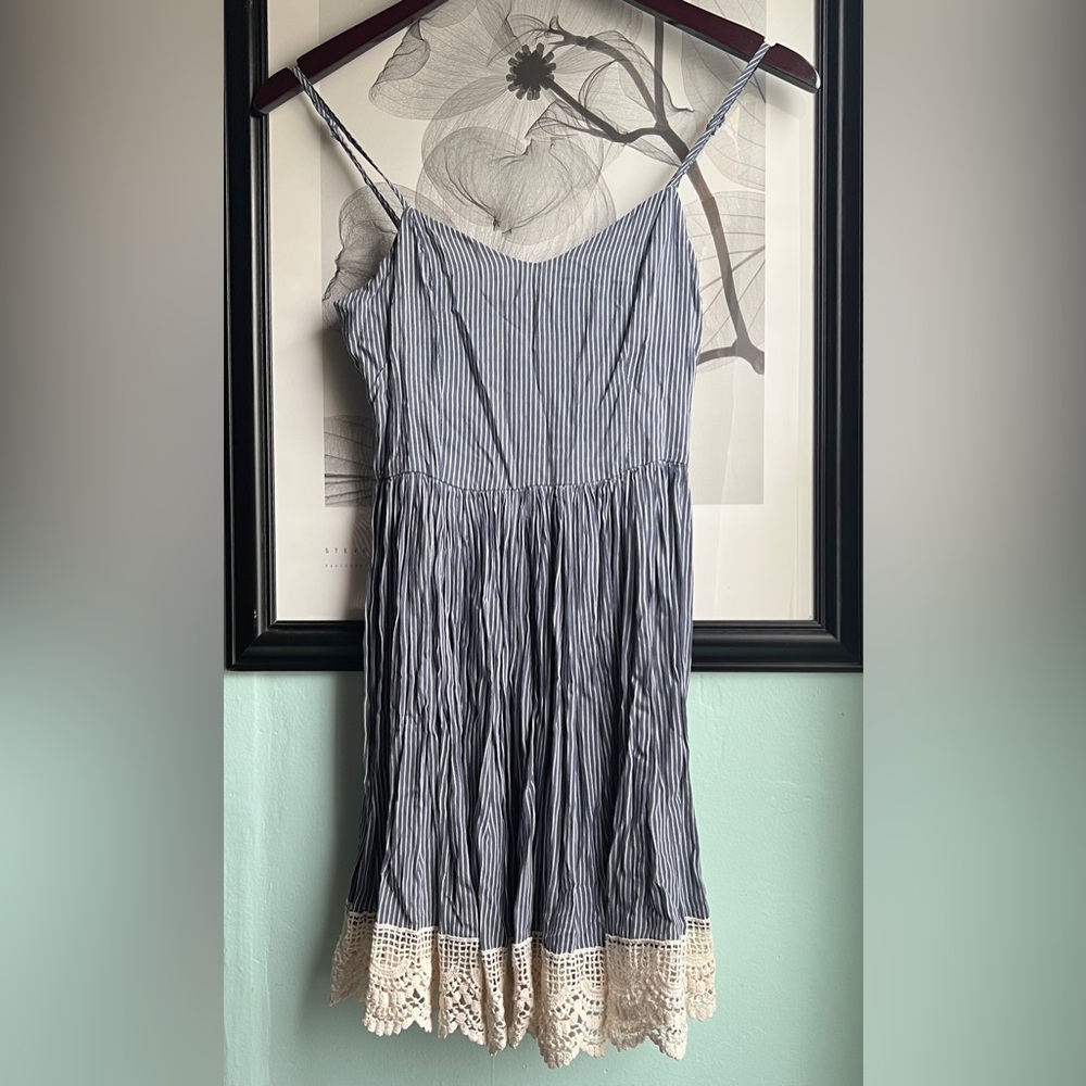 MINKPINK Blue Striped Mini Dress with Lace Trimmed Hem
